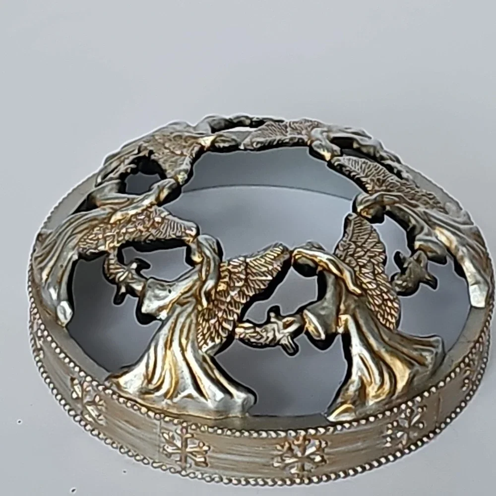 Vintage Angel Circle Candle Topper Silver Gold Tone Snowflake Rim‎ Holiday Decor